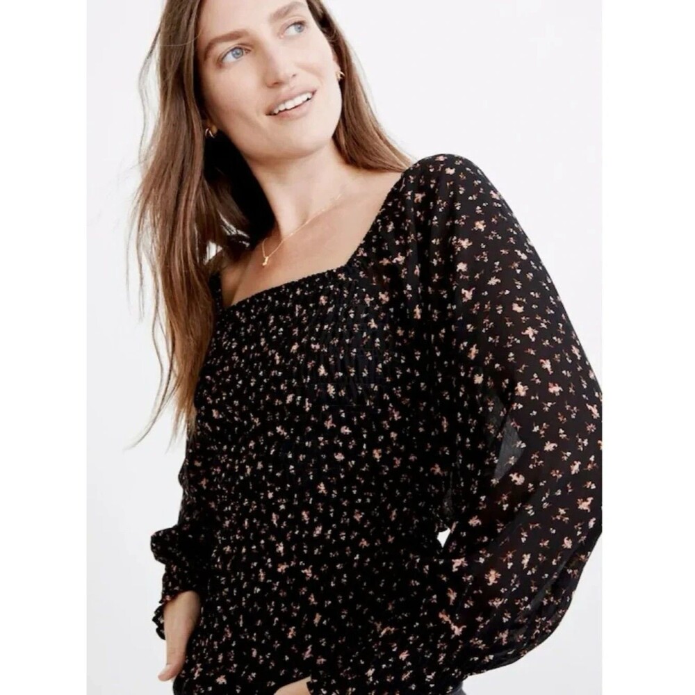 Madewell Floral Smocked Square Neck Blouse Large